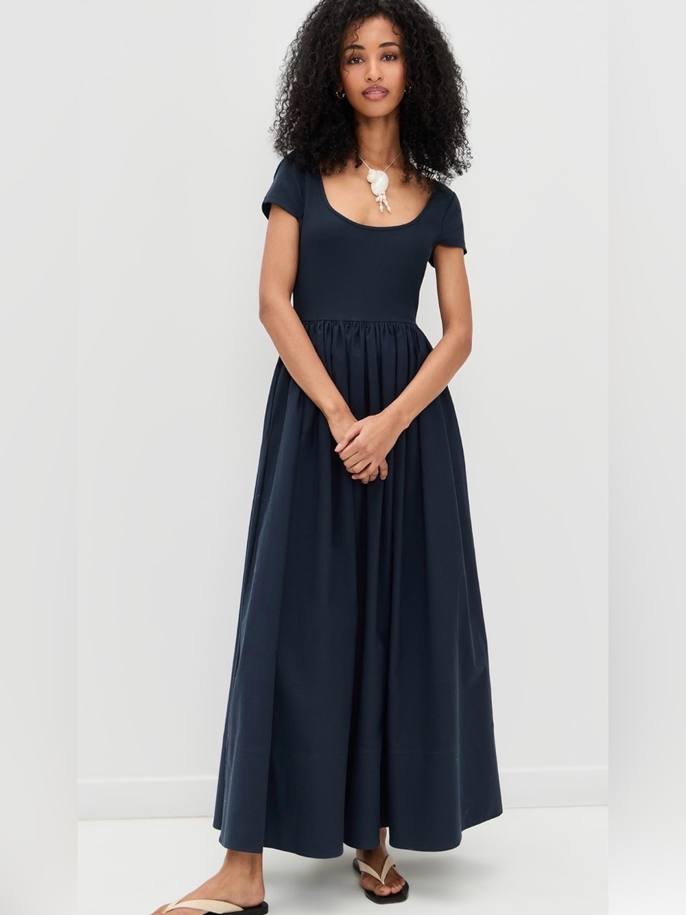 Scoop-Neck Navy Maxi Dress with Gathered Waist